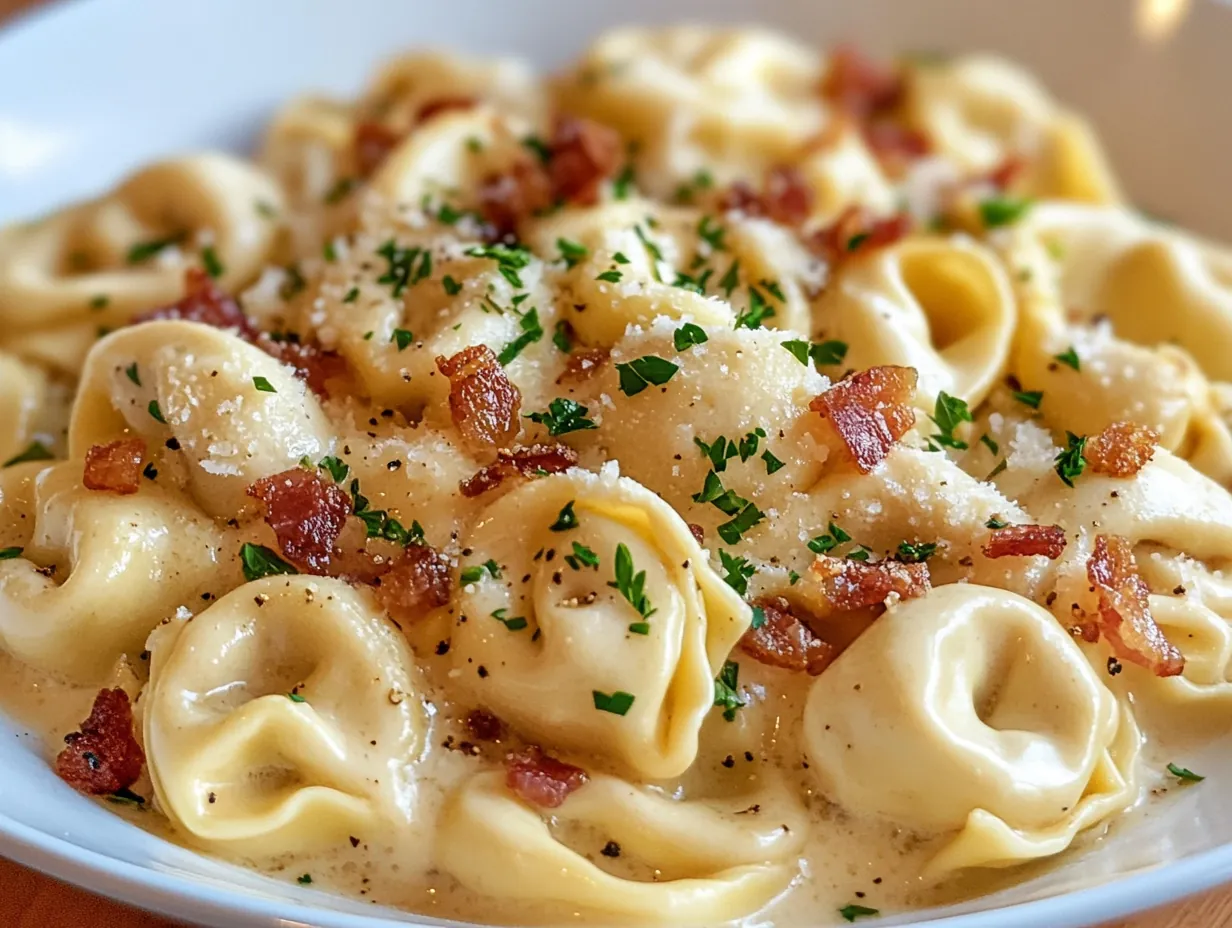Creamy Tortellini Carbonara: 30-Minute Dinner Perfection! finished dish