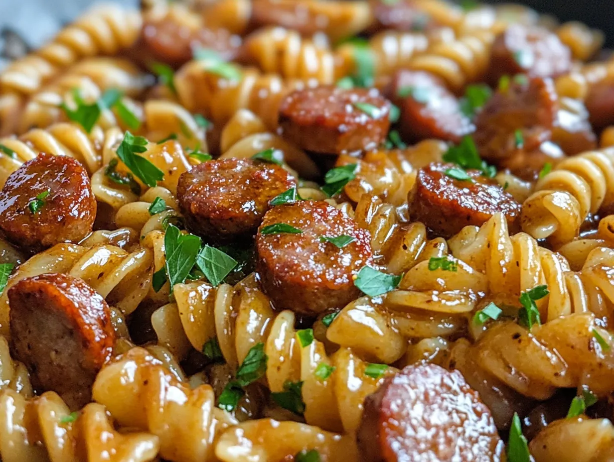 Sweet & Savory Sticky Honey Garlic Sausage Pasta Skillet