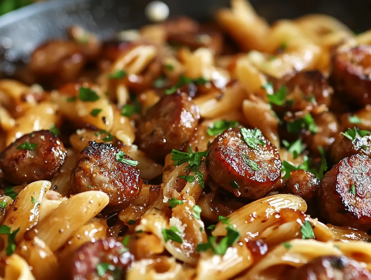 Sweet & Savory Sticky Honey Garlic Sausage Pasta Skillet step by step