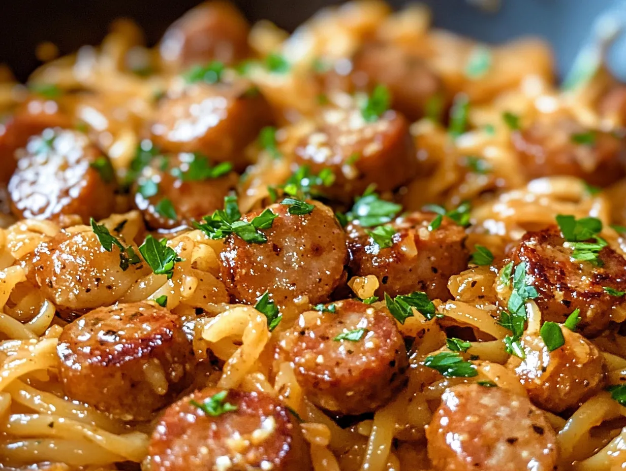 Sweet & Savory Sticky Honey Garlic Sausage Pasta Skillet finished dish